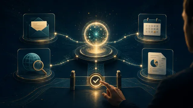 عقدة رقمية مركزية تنسق البريد والتقويم والبحث والتقارير خلف بوابة موافقة بشرية