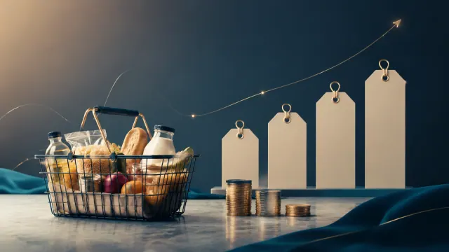سلة مشتريات وأكوام نقود تتناقص أمام بطاقات أسعار متصاعدة في مشهد يرمز إلى التضخم